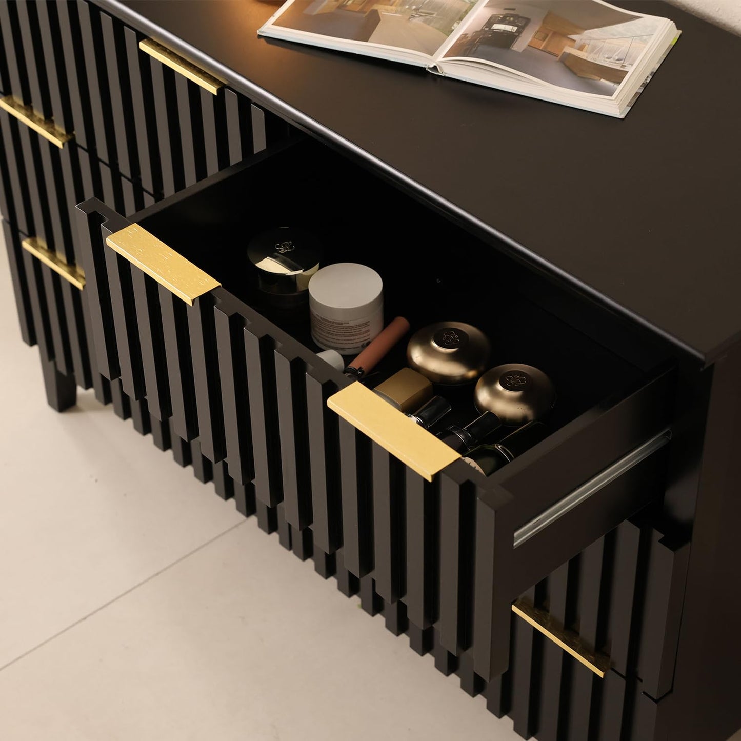 LAZZO 6 Drawer Dresser for Bedroom Black Fluted Wooden Dresser Tall Chest of Drawers with Double Golden Handles Modern Storage Chest TV Stand Storage Cabinet for Living Room, Hallway，Closet