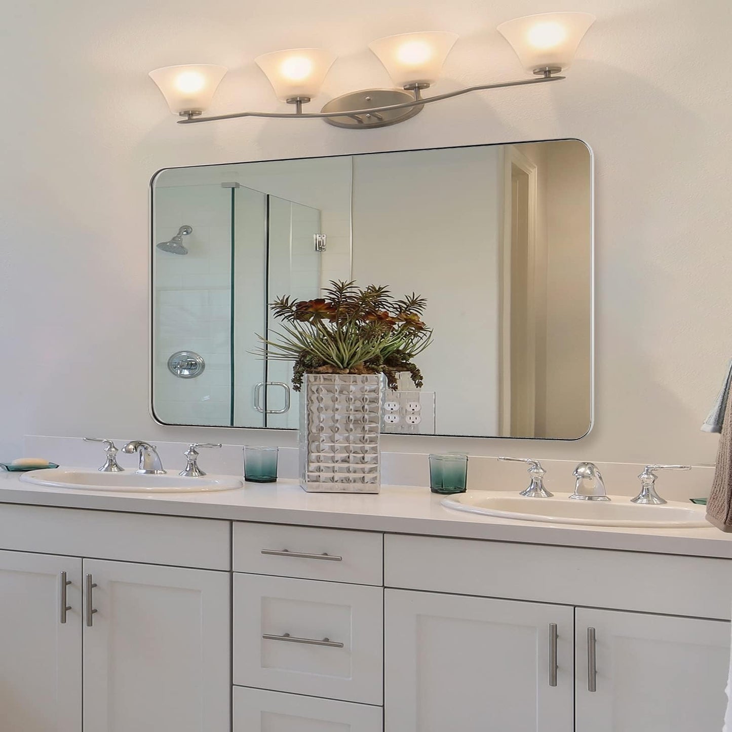 ANDY STAR Brushed Nickel Bathroom Mirror, 24”x40” Rounded Corner Rectangle Mirror, Modern Metal Frame Bathroom Vanity Mirror