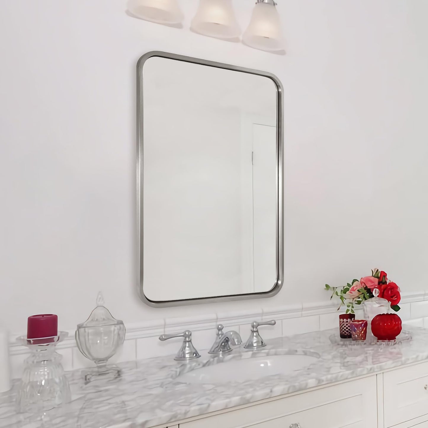 ANDY STAR Mirrors for Wall, 20x28’’ Brushed Nickel Bathroom Mirror, Rounded Rectangle Mirrors for Vanity, Anti-Rust SUS304, Tube Metal Frame, 1’’ Deep Wall Mounted Vertically/Horizontal