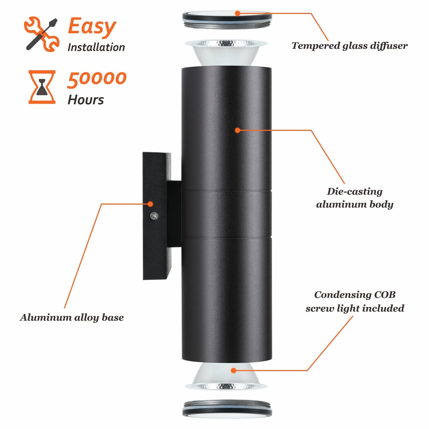 DAKAFUL Outdoor Wall Lights 2 Packs, Integrated LED Cylinder Up Down 12W 2700K Modern Aluminum Light, Waterproof Exterior Light for Porch Patio Door