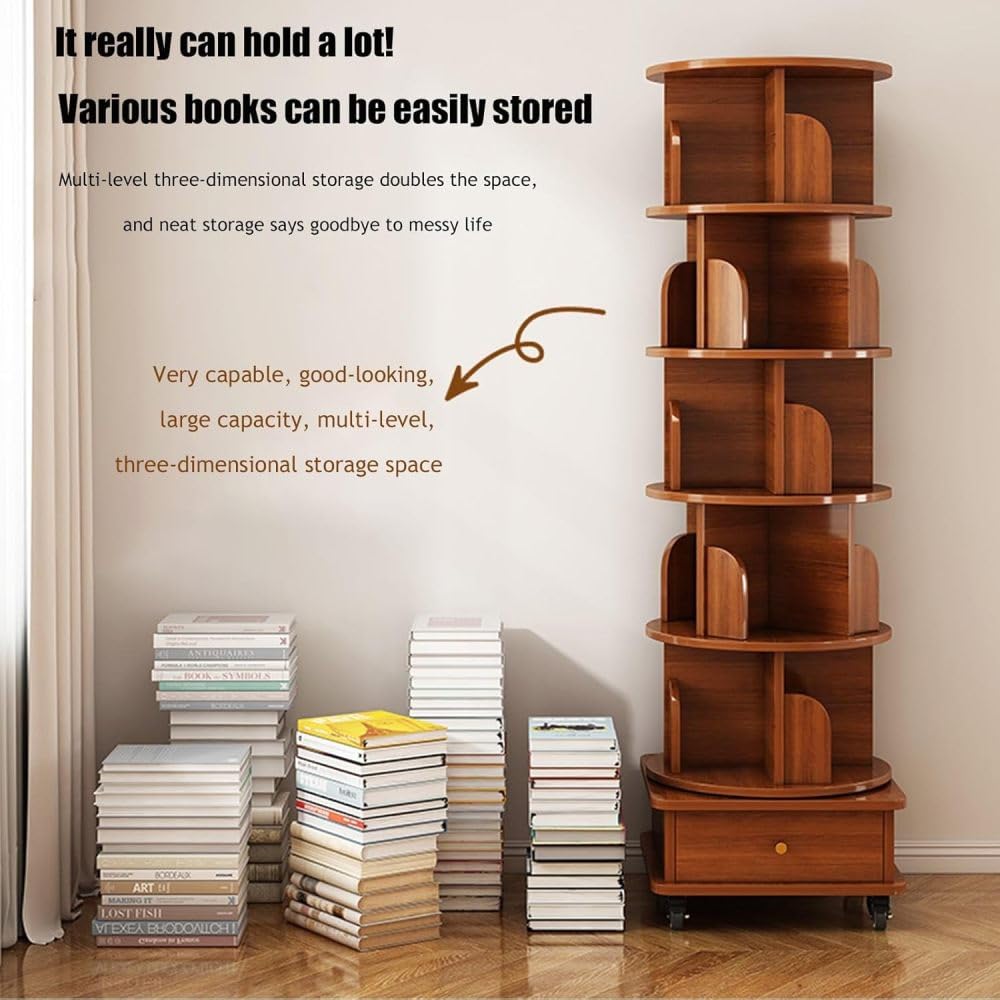 Hayiodda Modern 6 Tier Rotating Bookshelf with Drawer and Wheels, 360° Spinning Tall Bookshelf for Small Spaces, Slim Spining Bookcase for Bedroom, Living Room, Office, Walnut (6 Tier)