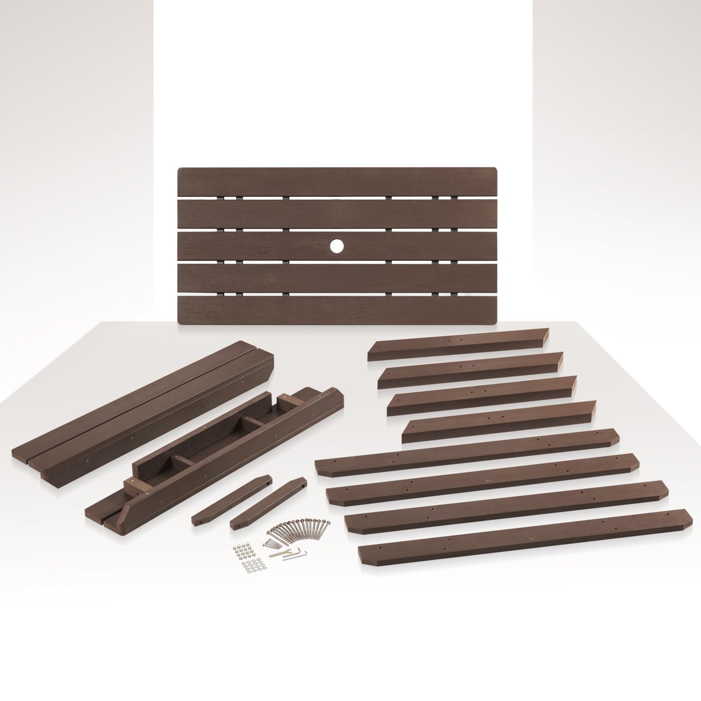 Psilvam Picnic Table - Heavy Duty Poly Lumber with Umbrella Hole & Integrated Benches, 100% Waterproof All-Weather for Patio, Garden (Brown)