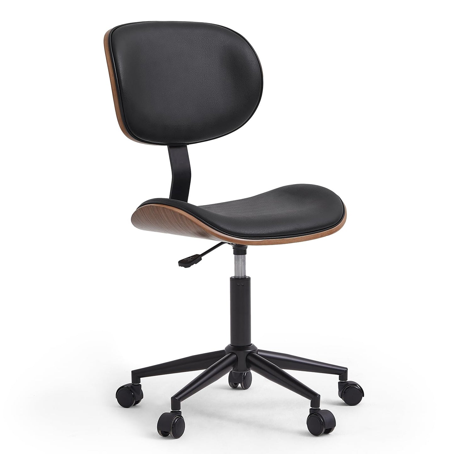 Bestier Small Office Chair with Bentwood Back Support, Armless Desk Chair with 360° Swivel, Height Adjustable Computer Chair with Wheels, PU Leather Modern for Office, Small Space, Black