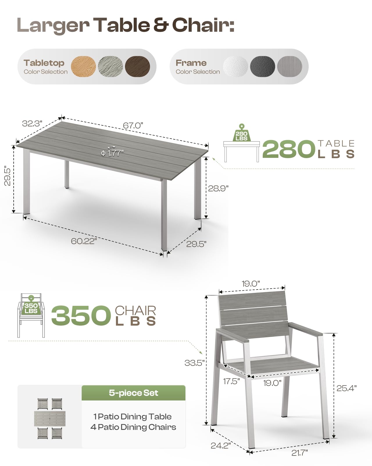 Oasbira Outdoor Dining Set for 4, Patio Table and Chairs Set with Umbrella Hole, 5 Pieces HDPS Outdoor Furniture Sets for Patio, Garden, Backyard （Silver & Gray）