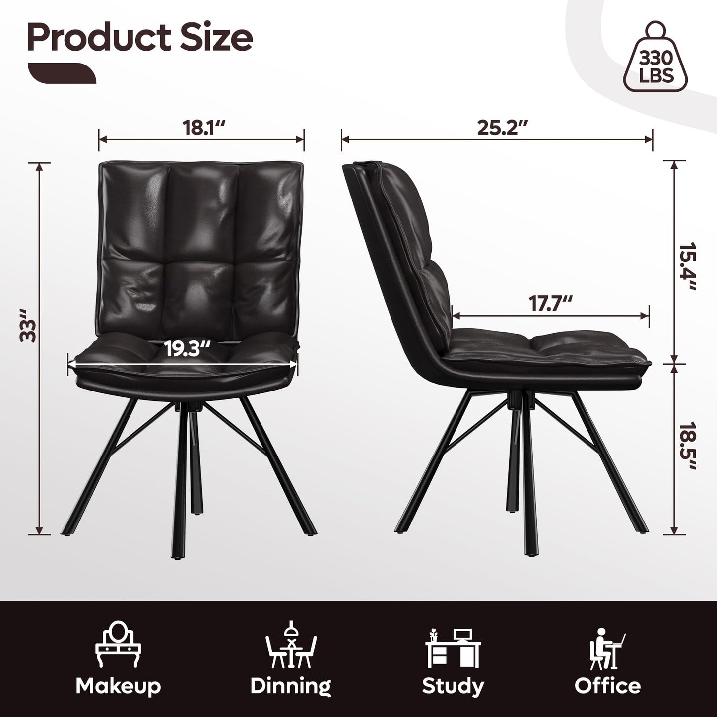 Bestier Home Office Chairs Set of 2, Modern Accent Chair with Metal Legs, Comfortable Upholstered PU Leather Chairs for Bedroom Dining Living Room Chairs, Dark Brown