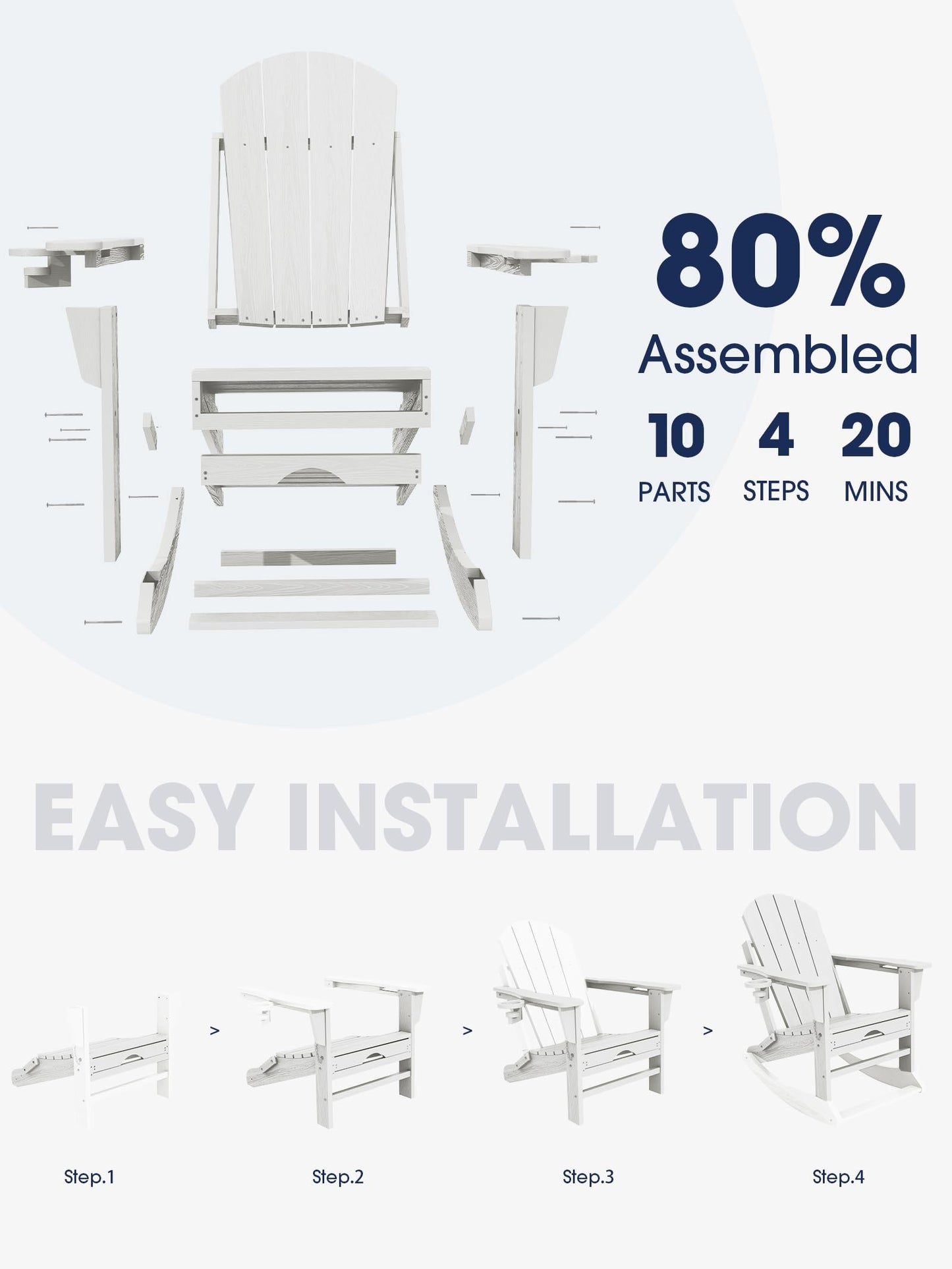 KINGYES Adirondack Rocking Chair with Retractable Ottoman and Cup Holders, HDPE Adirondack Rocker Patio Rocking Chair for Porch, Patio, Balcony, White