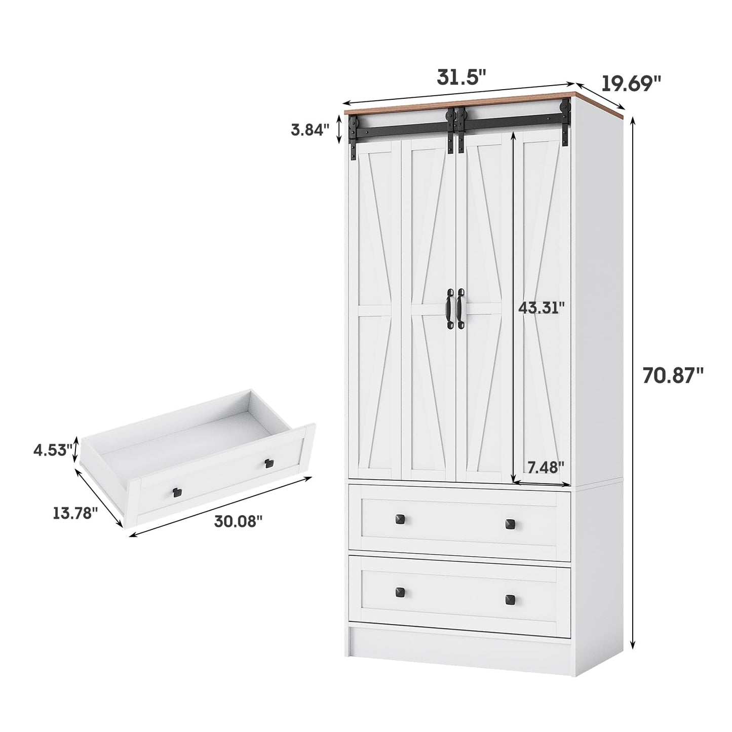 Maupvit Farmhouse Armoire with 2 Folding Sliding Barn Doors and Drawers 70.9" Tall Wooden Bedroom Wardrobe Closet with Spacious Storage Cabinet with Hanging Rod for Bedroom, White