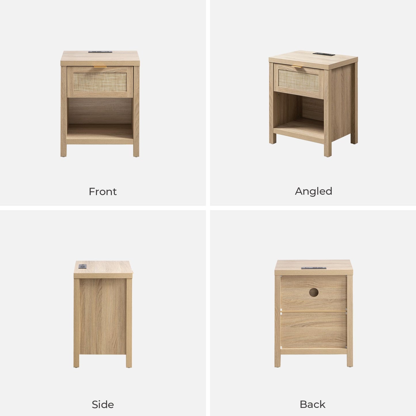 SICOTAS Night Stand Set of 2 with Charger Station Rattan Nightstands with Drawer Farmhouse Bedside Table with USB and Type-C Ports Boho End Side Table for Bedroom Small Space, Light Oak