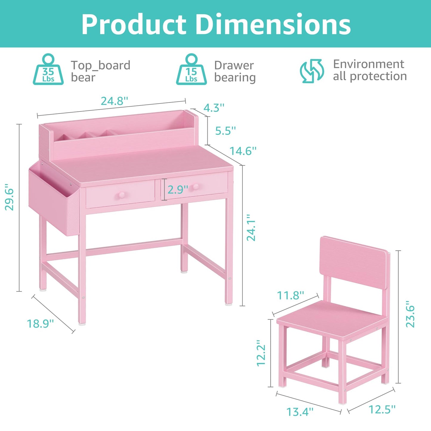 BOLUO Pink Kids Desk and Chair Set for 5-8 Year Old, Small Child Desk with Fabric Drawer, Children Study Table with Storage Girls Boys