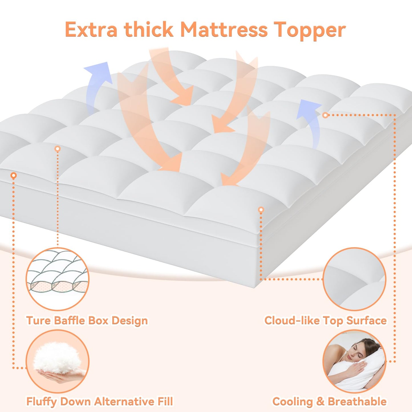 Topllen Full Mattress Topper for Back Pain Relief, Extra Thick Pillow Top Plush Mattress Pad with Deep Pocket, Soft Pillowtop Full Size Bed Toppers Filled Fluffy Down Alternative, White