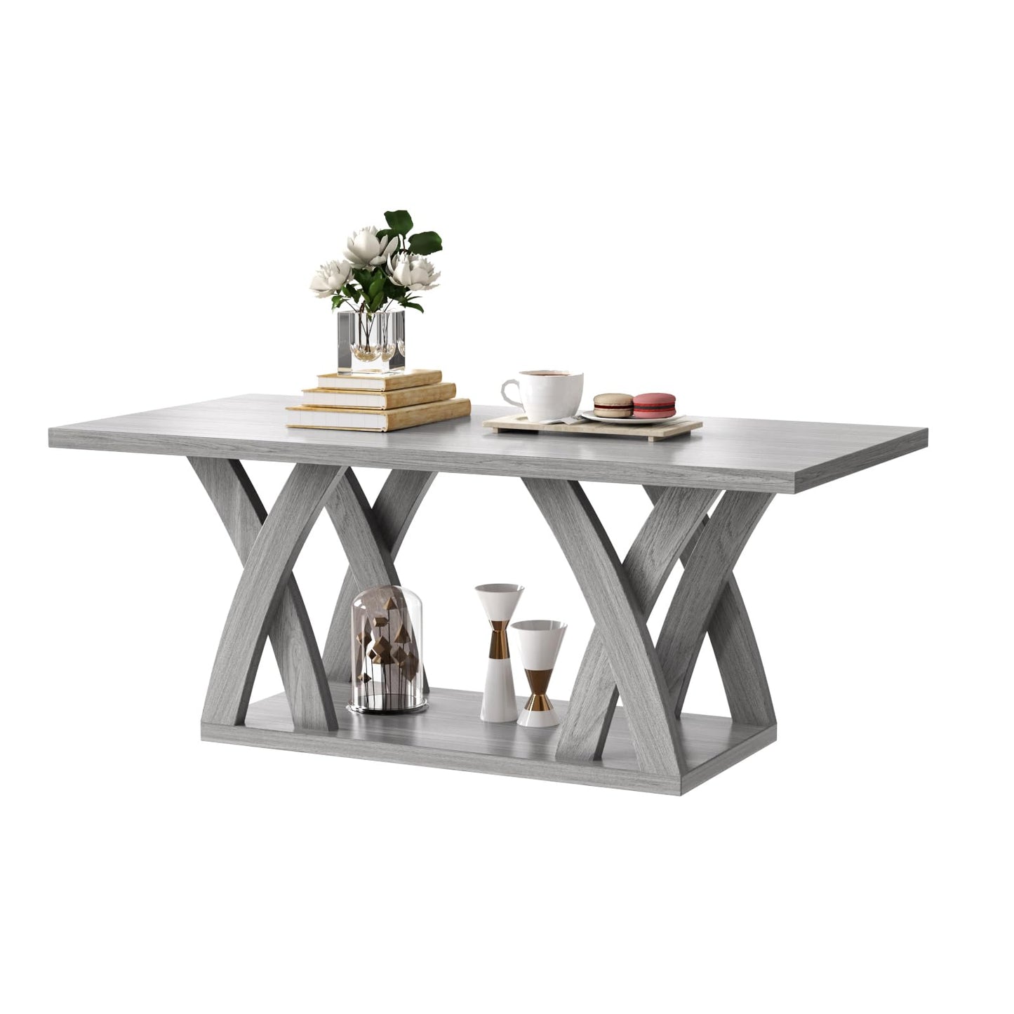 FROMJBEST Farmhouse Coffee Table with Shelf, Wood Coffee Table for Living Room, Open Display Area,47” Grey