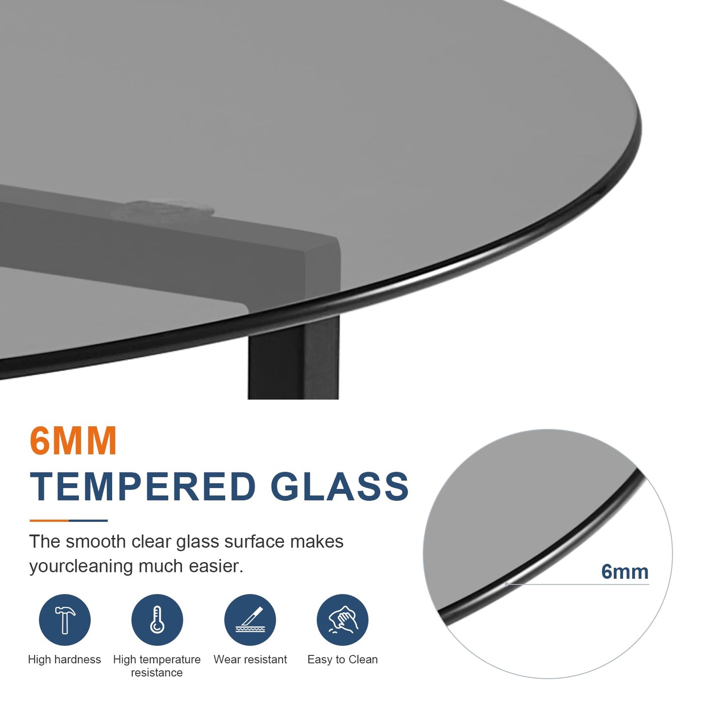 CLIPOP Small Round Coffee Table, Tempered Glass Coffee Table with Triangle Structure Metal Frame, Adjustable Feet Padded, Modern Coffee Table for Living Room, Small Space, Black