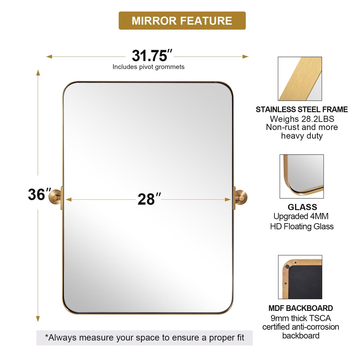 ANDY STAR 28"x36" Brushed Gold Bathroom Mirror for Wall, Brass Metal Framed Pivoting Bathroom Vanity Mirror with Rounded Corner, Tilt Rectangle Wall Mirrors Hangs Vertically Only(Overall 31.75" x 36")