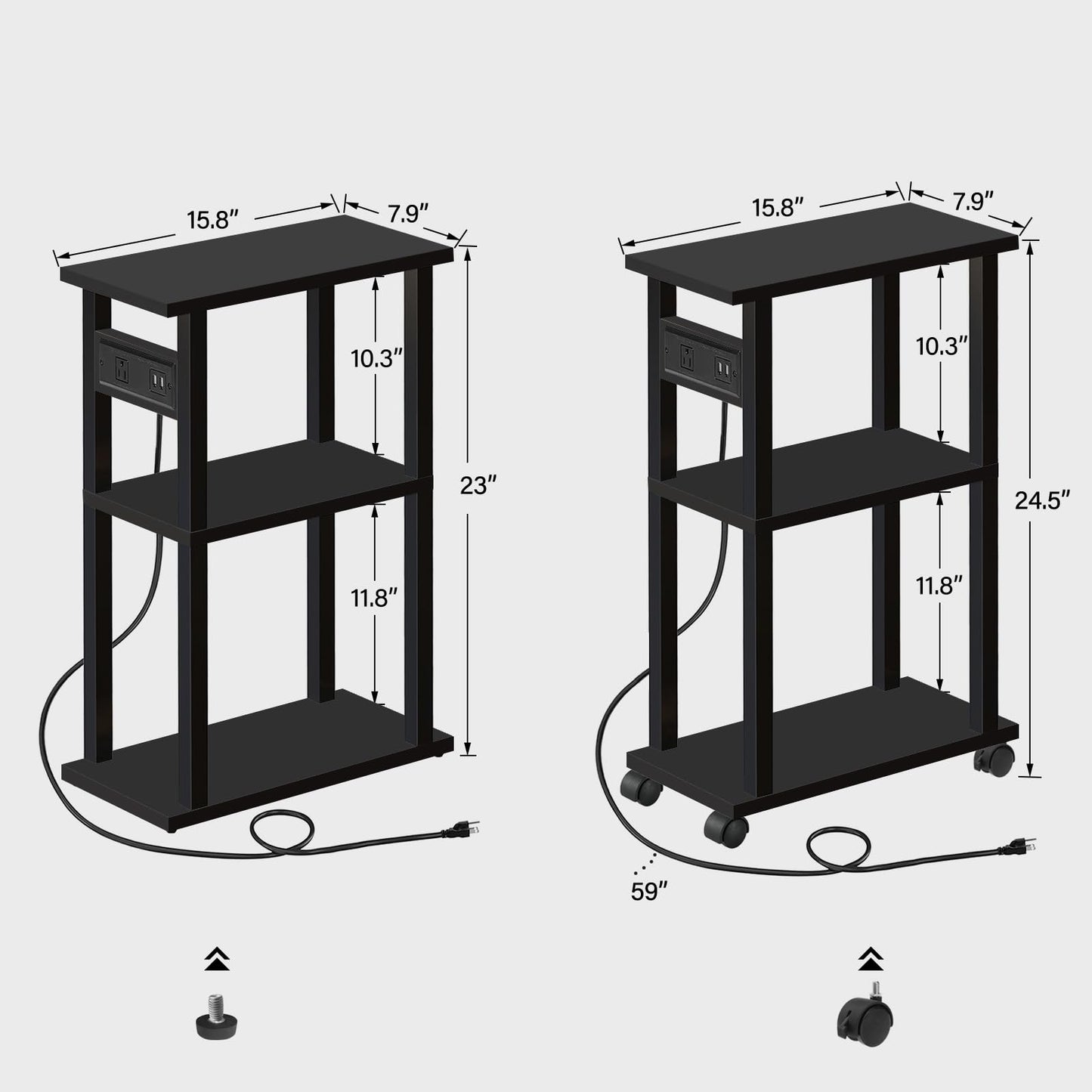 TUTOTAK Small Narrow Side Table with Charging Station, Set of 2 Skinny End Table for Small Spaces, Slim Nightstand with USB Ports and Outlet,Sofa Beside Table with Wheels, Black TB01BK047