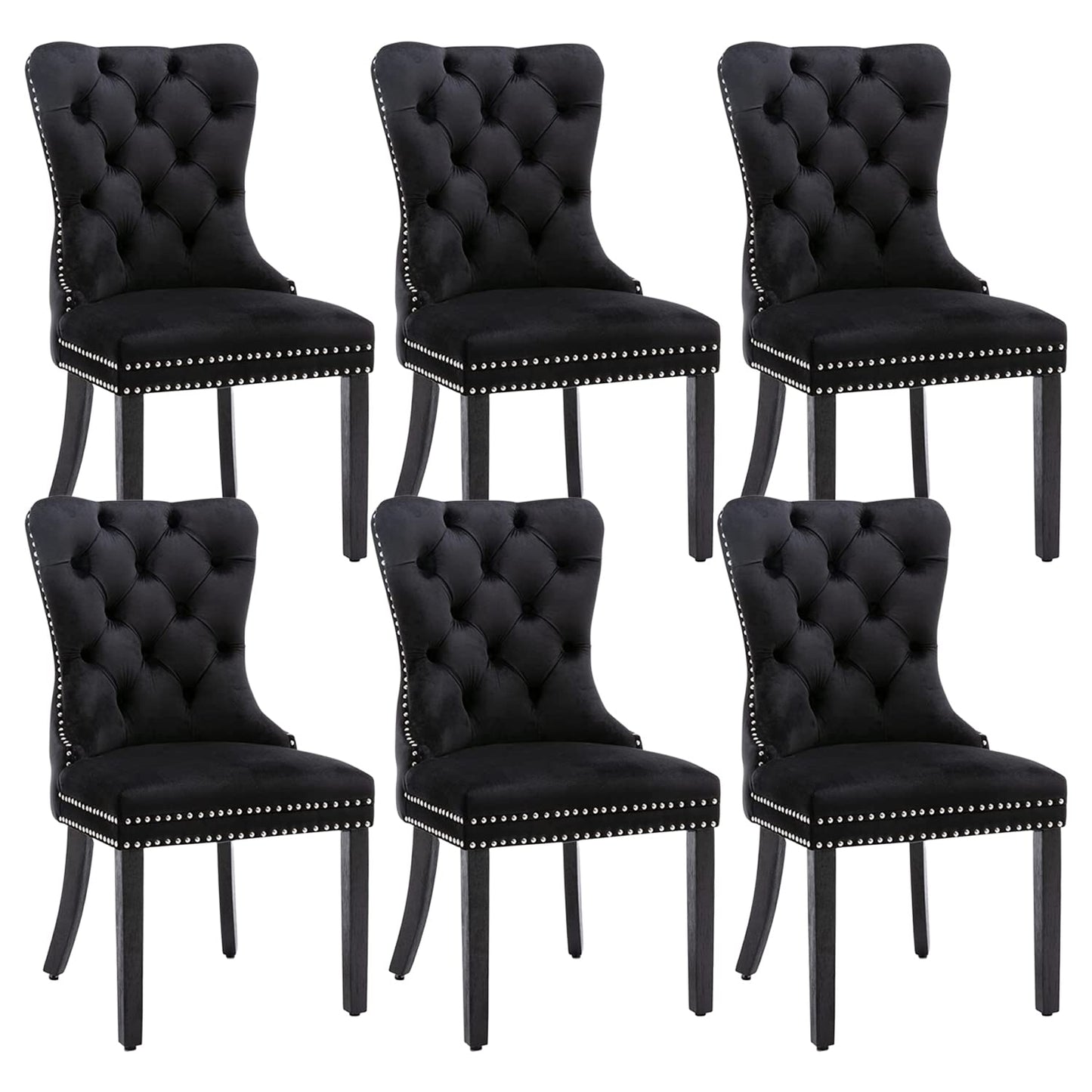 Eifizek Velvet Dining Chairs Set of 6, Tufted Dining Room Chairs with Nailhead Ring Pull Trim, Upholstered Dining Chairs with Solid Wood Legs for Kitchen Dining Room, Sillas De Comedor (Black)