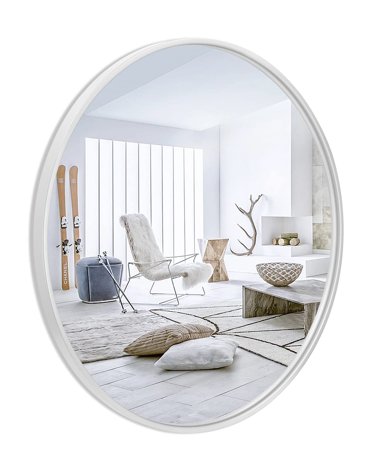 IPOUF 24”Round Mirror, White Large Circle Metal Frame Wall Mirror for Bathroom, Entryway, Living Room,Vanity