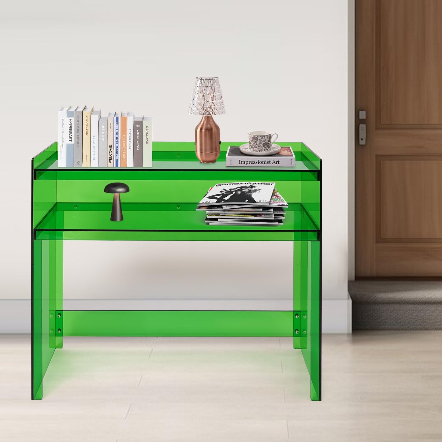 BuufuS Acrylic Console Table, Modern Narrow Sofa Console Tables with 2 Tier Storage Shelves Skinny Entryway Clear Table 39.5" Wx12 Dx 31.5" H for Sofa Foyer Hallway Living Room Entry (Green)
