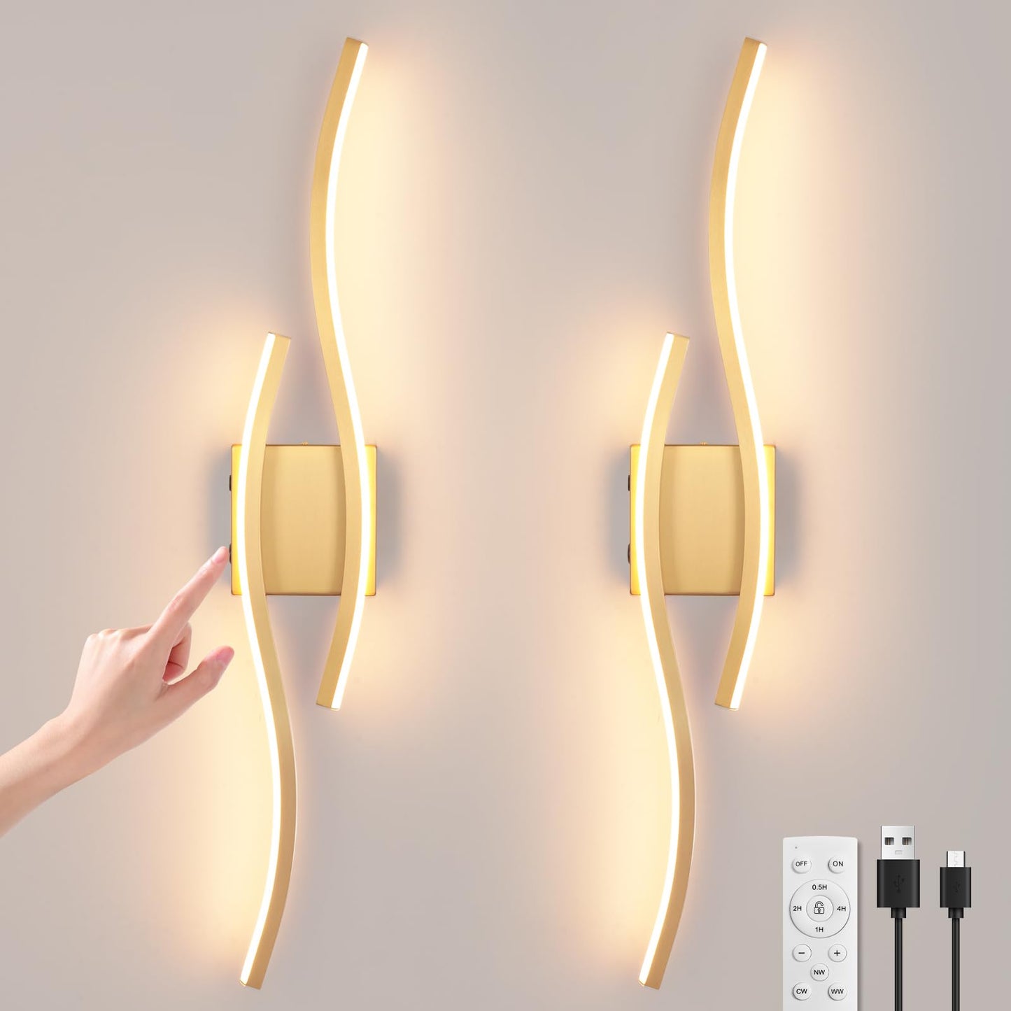EIDEARAY Modern LED Wall Sconce Set of Two, Battery Powered Wall Sconces Set of 2 with Timer, Gold Wall Light with Remote, LED Wall Lamp Indoor not Hardwired for Bathroom Living Room Bedroom Corridor