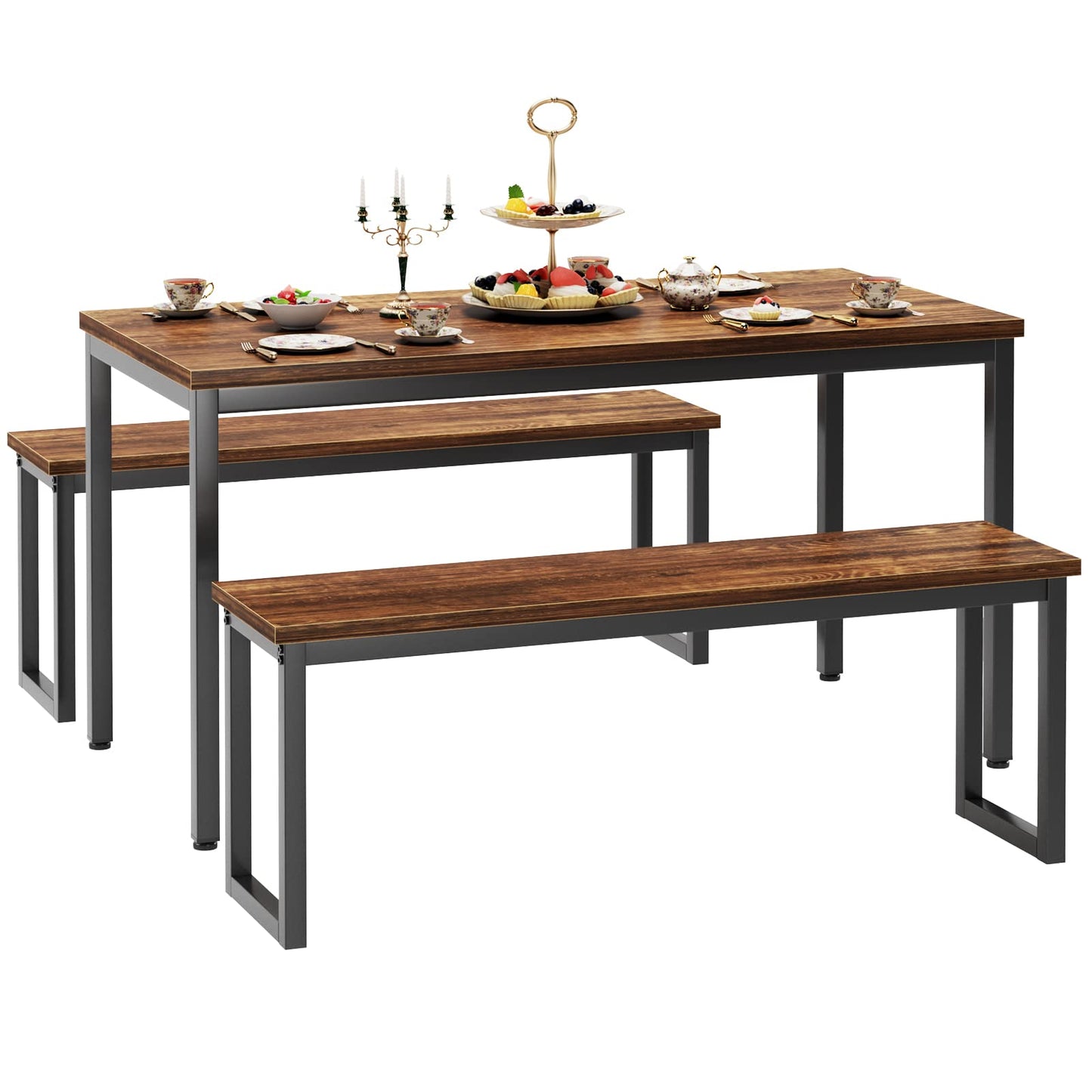 soges Kitchen Table Set with 2 Benches, Bench Dining Table Set for 4, 3 Piece Dining Room Table and Long Benches, Breakfast Table Coffee Table Set, Industrial Style Wooden Kitchen and Dining Room Set