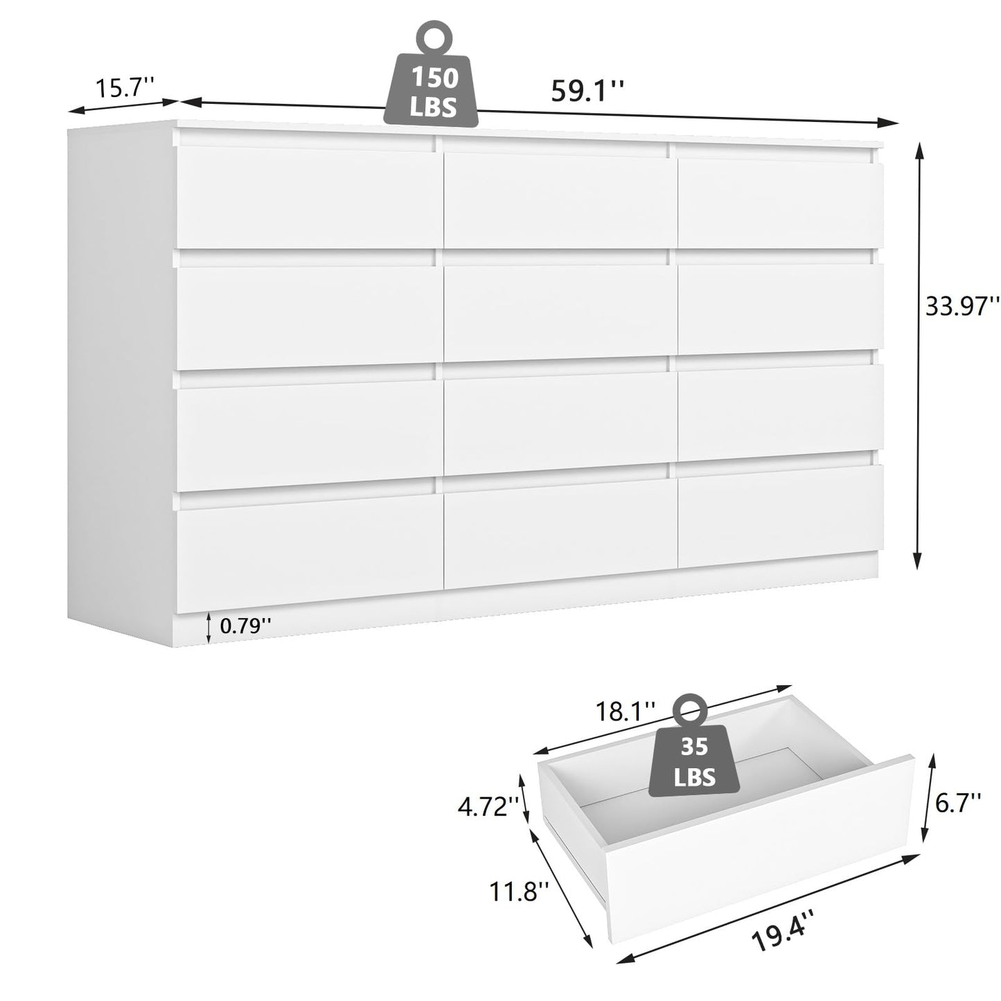 CIPACHO White Dresser for Bedroom,Modern Long 12 Drawer Dresser with Deep Drawer,Wood Storage Chest of Drawer, Bedroom Storage Organizer,TV Stand for Living Room