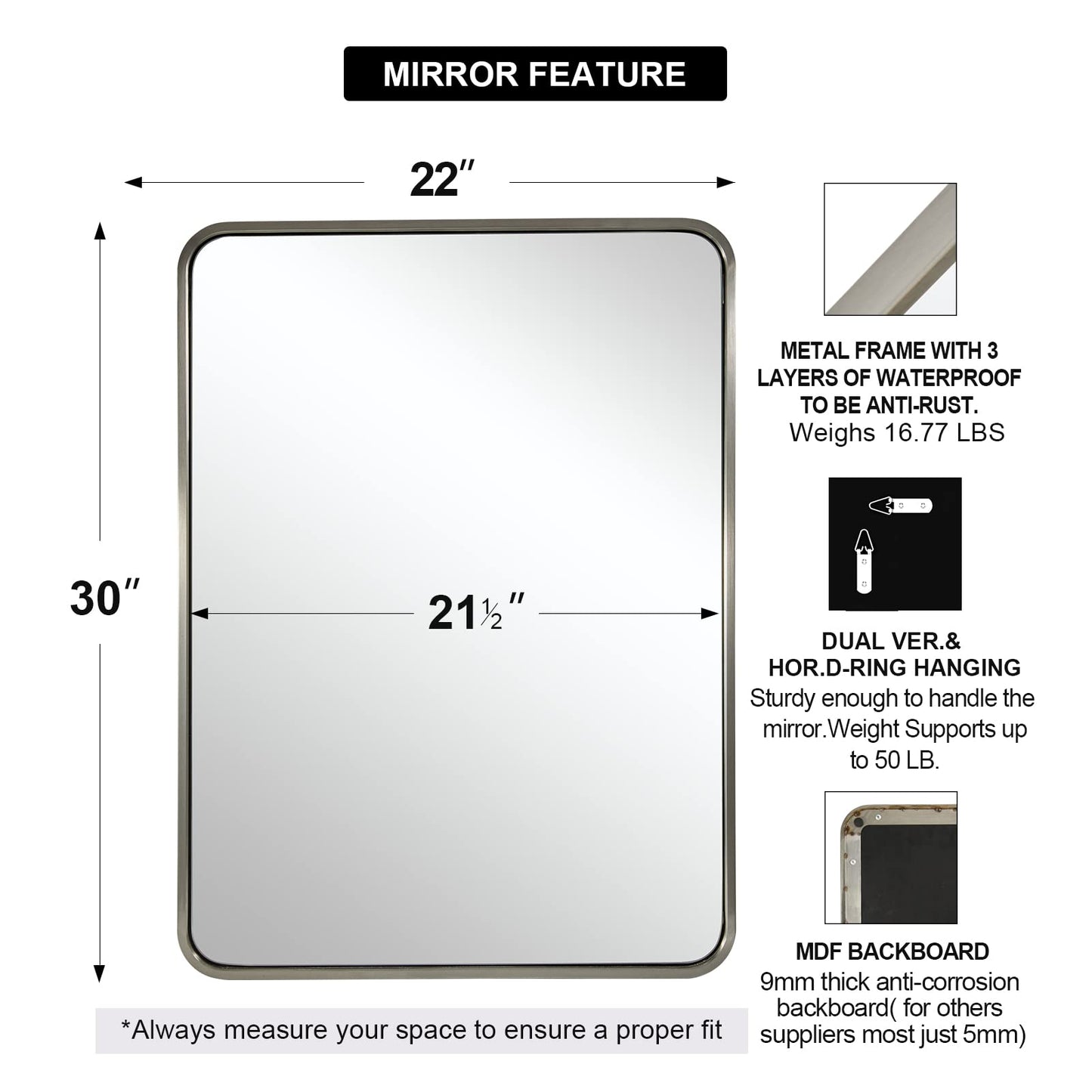 ANDY STAR Brushed Nickel Bathroom Mirror, 22x30'' Rounded Rectangle Modern Vanity Mirror, SUS304 Metal Tube Framed, Rustproof, 1'' Deep, Wall Mounted Vertically/Horizontally