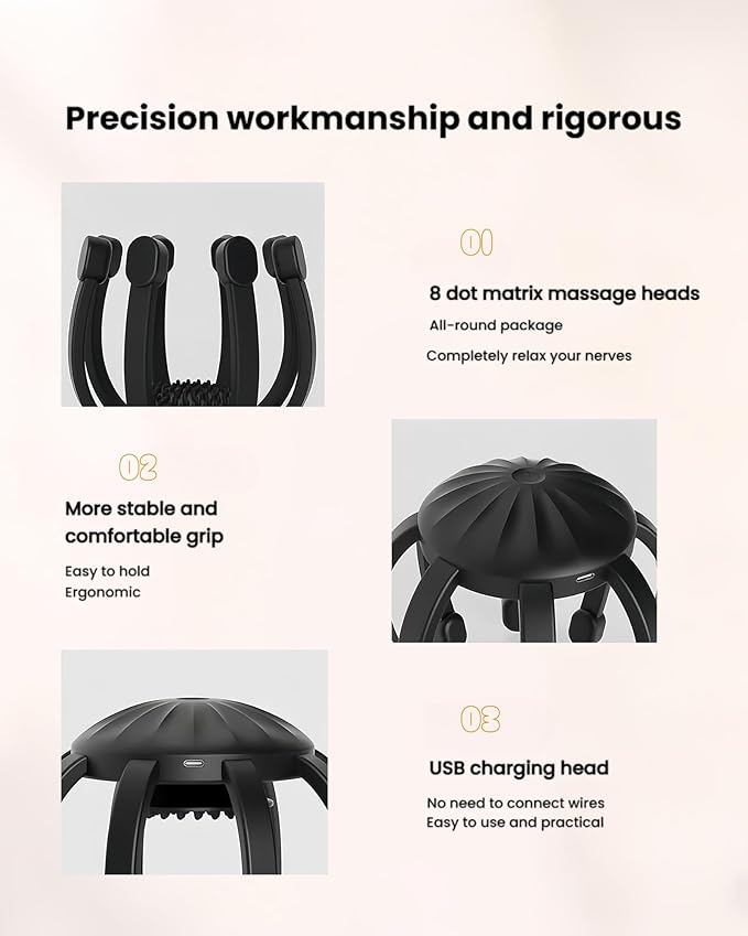 360° Electric Scalp Massager with 8 Nodes, 4 Modes – Rechargeable Head Massager for Stress Relief, Headache & Sleep Aid, Portable Design