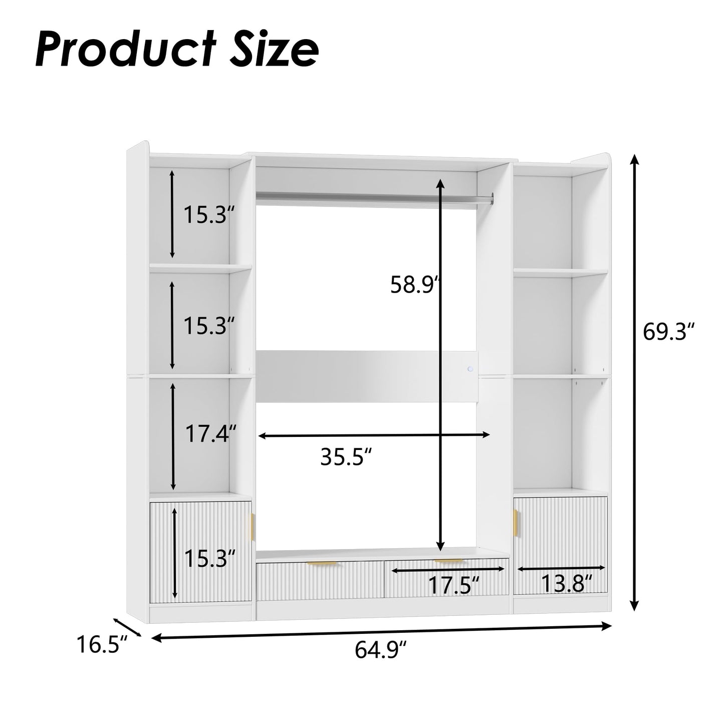 PAKASEPT Freestanding Closet System, 64.9" Stand-Alone Wardrobe with 6 Display Storage Cabinet & Hanging Rods & 2 Wood Drawers, Cloth Garment Rack with Multi Color Light, Walk-in Closet, White