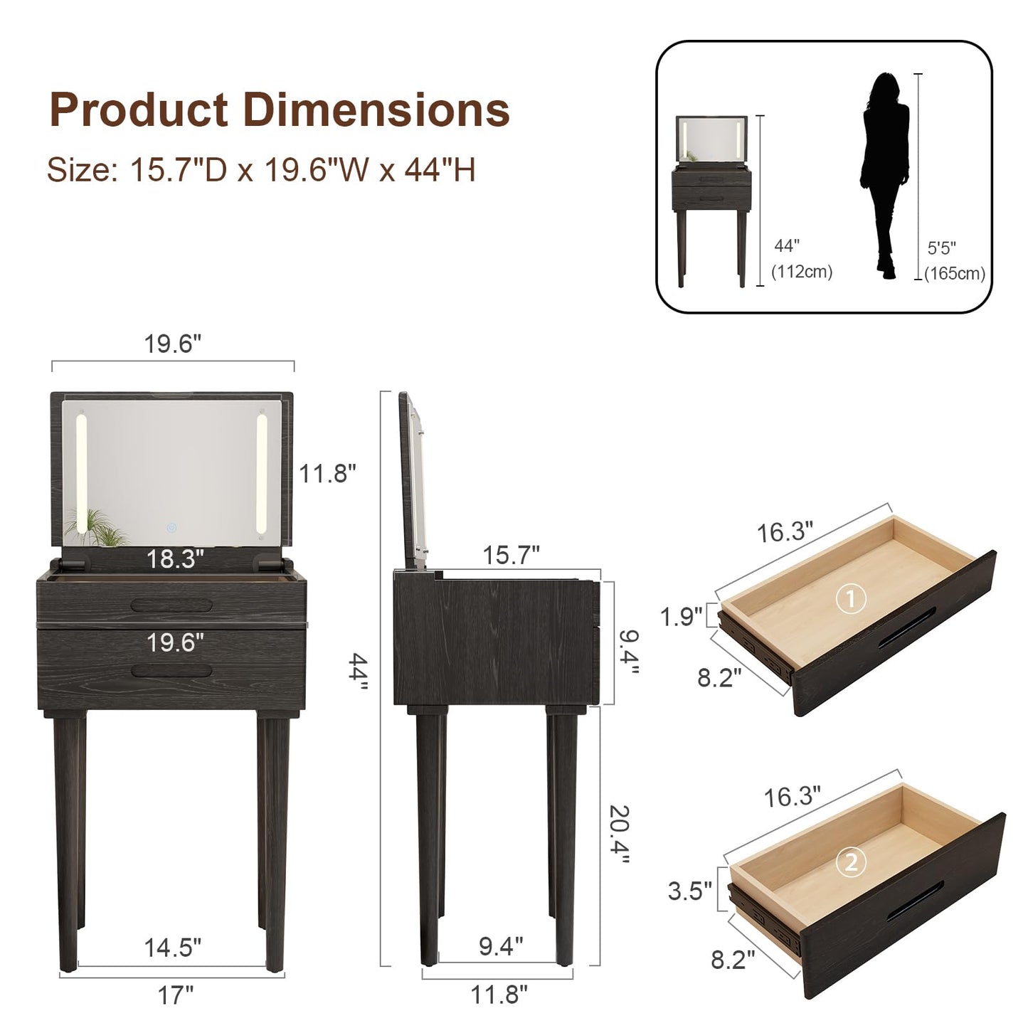 Muwuele Solid Wood Small Vanity Desk with Flip Top Mirror, Brightness Adjustable Lights, Compact Vanity with Glass Top and Drawers, Slim Dressing Table for Small Space, Bedroom, Living Room, Black
