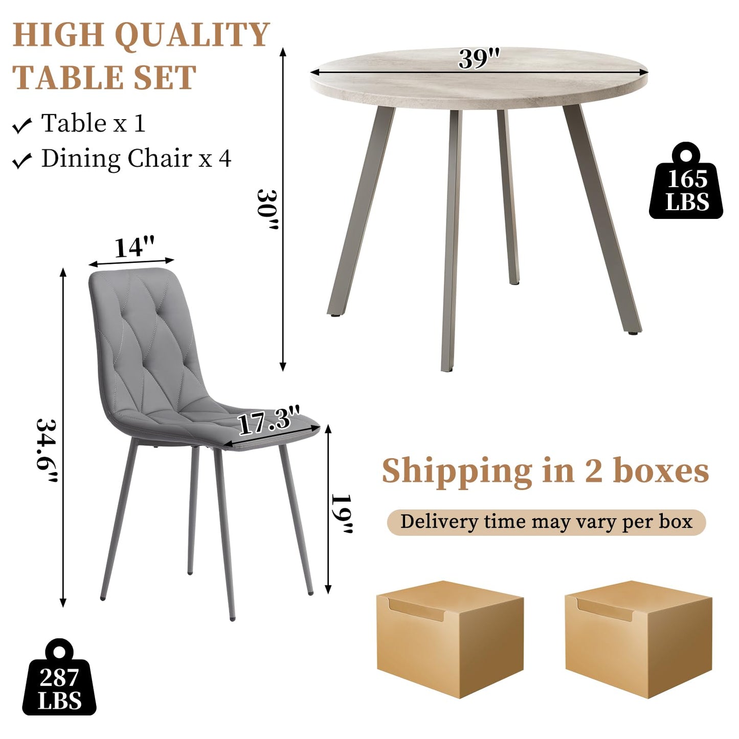 Sesslife Round Dining Table Set for 4 Faux Marble 39“ Round Kitchen Table with 4 PU Chairs for Space Saving Apartment Kitchen Dining Room (Gray + Gray)