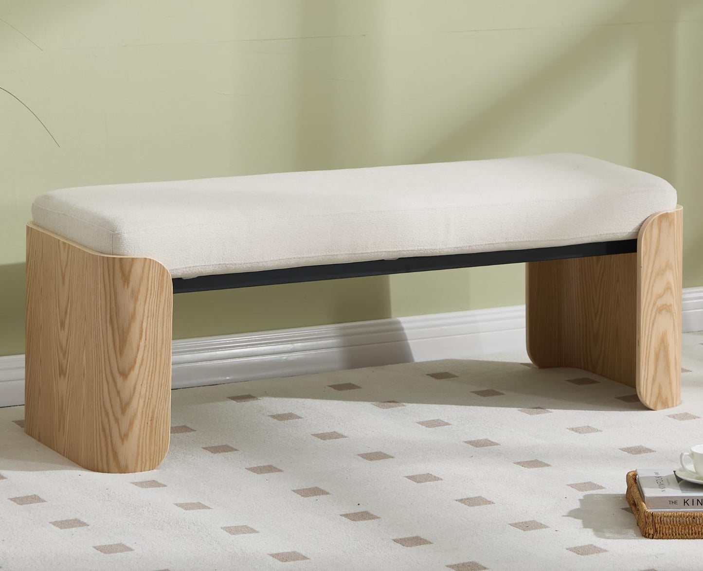 Shunzhi Modern Upholstered End of Bed Bench for Bedroom 49” Entryway Bench with Natural Wood Leg Window Ottoman Bench for Living Room/Bedroom/Hallway/Indoor, White Chenille
