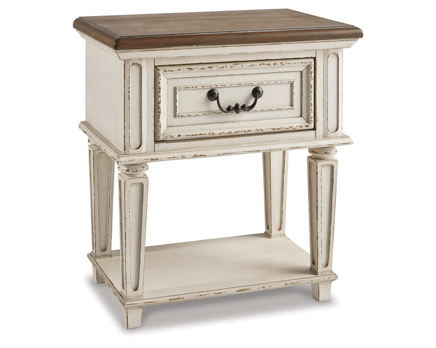 Signature Design by Ashley Realyn Traditional Cottage 1 Drawer Nightstand with Dovetail Construction & Open Display Shelf, Chipped White, 27" Tall, Distressed Brown