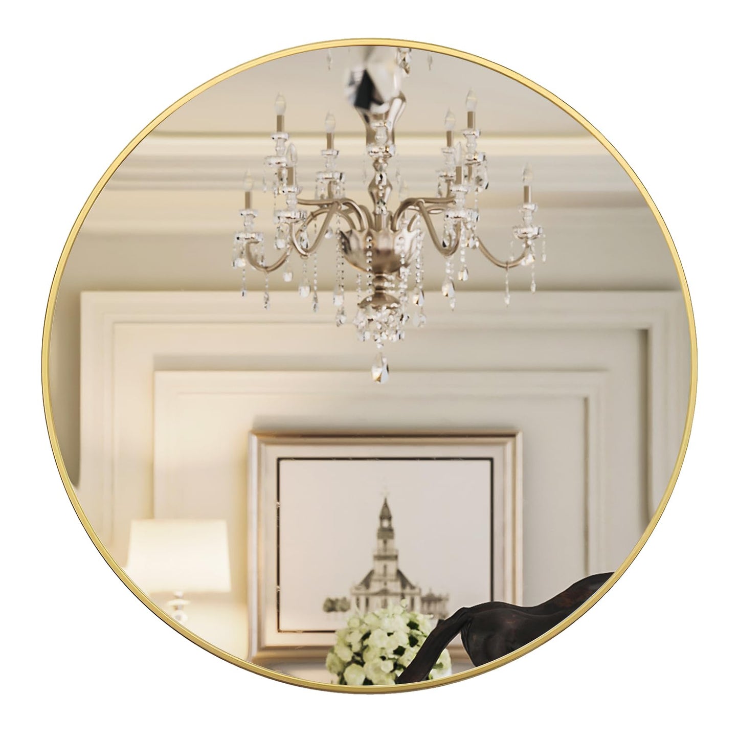 Growsun 48 inch Large Gold Round Mirror, Bathroom Mirror for Wall, Metal Frame Round Mirror for Fireplace Living Room Wall Decor