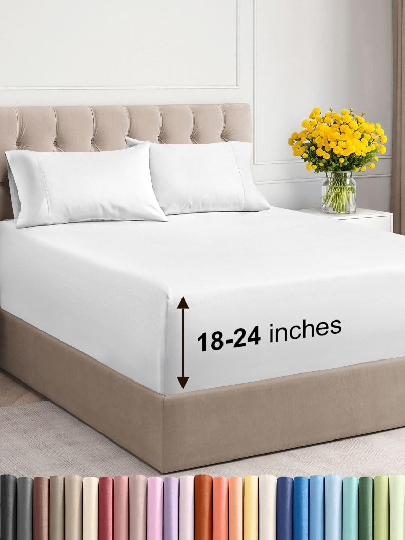 Extra Deep Pocket Queen Sheets - 4 Piece Breathable & Cooling Bed Sheets - Hotel Luxury Bed Sheet Set - Soft, Wrinkle Free & Comfy - Easily Fits Extra Deep Mattresses - Deep Pocket White Sheets Set