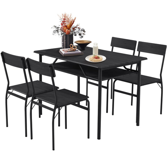 ECOTOUGE Dining Table Set for 4, Wood Kitchen Table and Chairs with Storage Shelves & Metal Frame, Compact Mid-Century Modern Rectangle Dinner Table Sets for Small Space, Apartment, Black