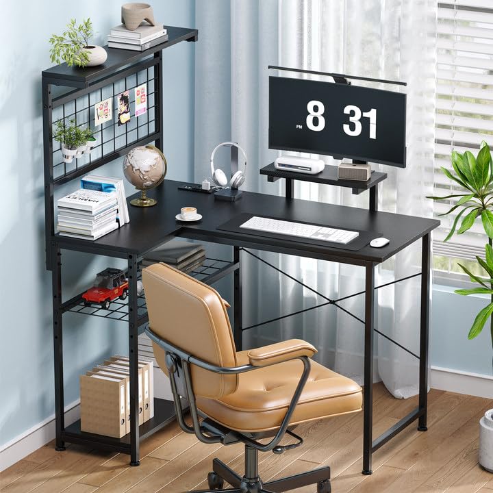 OtterOasis L Shaped Gaming Desk, Reversible Computer Desk with 4-Tier Shelves, Corner Desk with Pegboard, Home Office Desk with LED Lights & Power Outlets Gaming Desk with Storage, Black