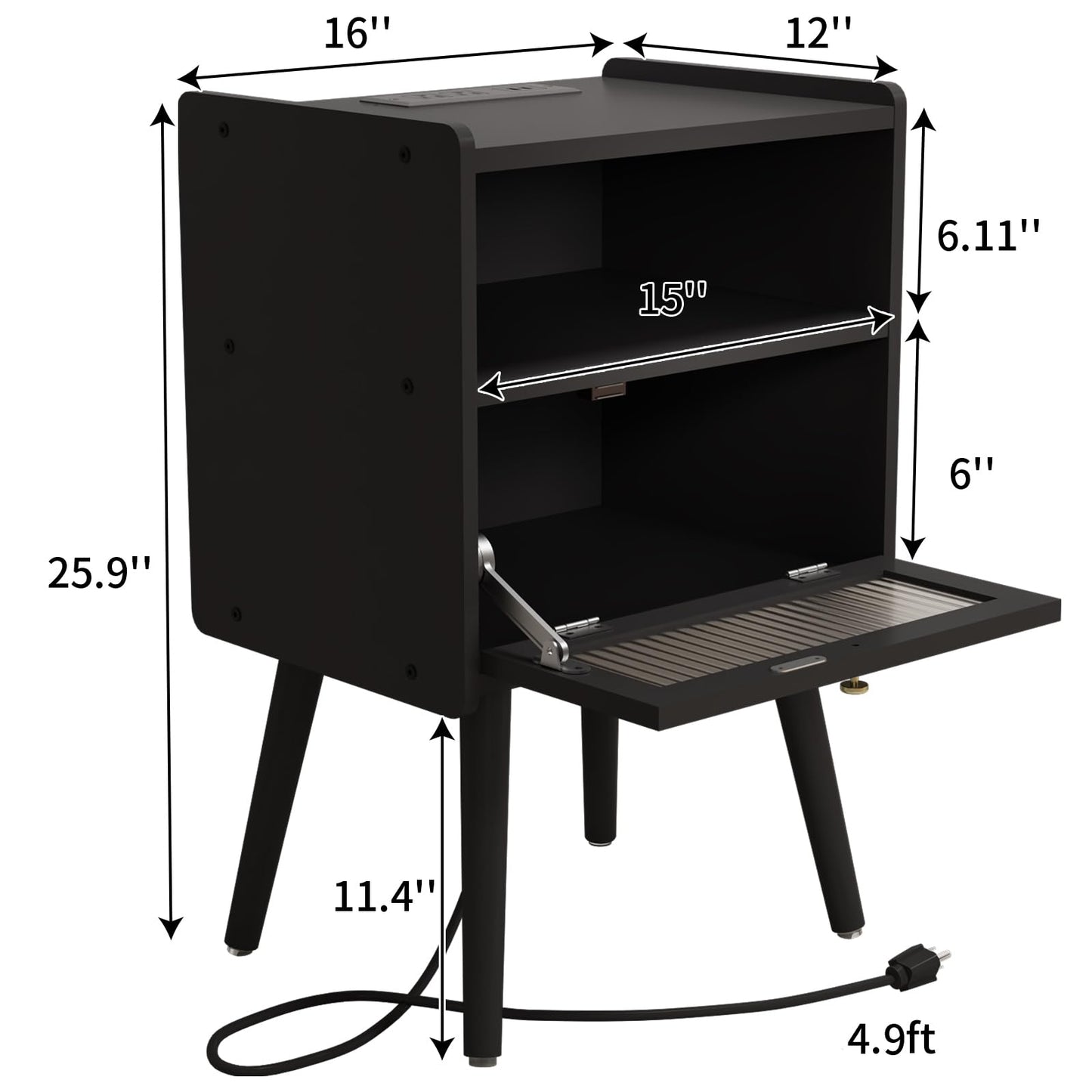 Mid Century Modern Nightstand with Charging Station, Bedside Tables with Glass Decorative Door, End Table Side Table with 2 Tiers Storage Space, for Bedroom, Living Room, Black