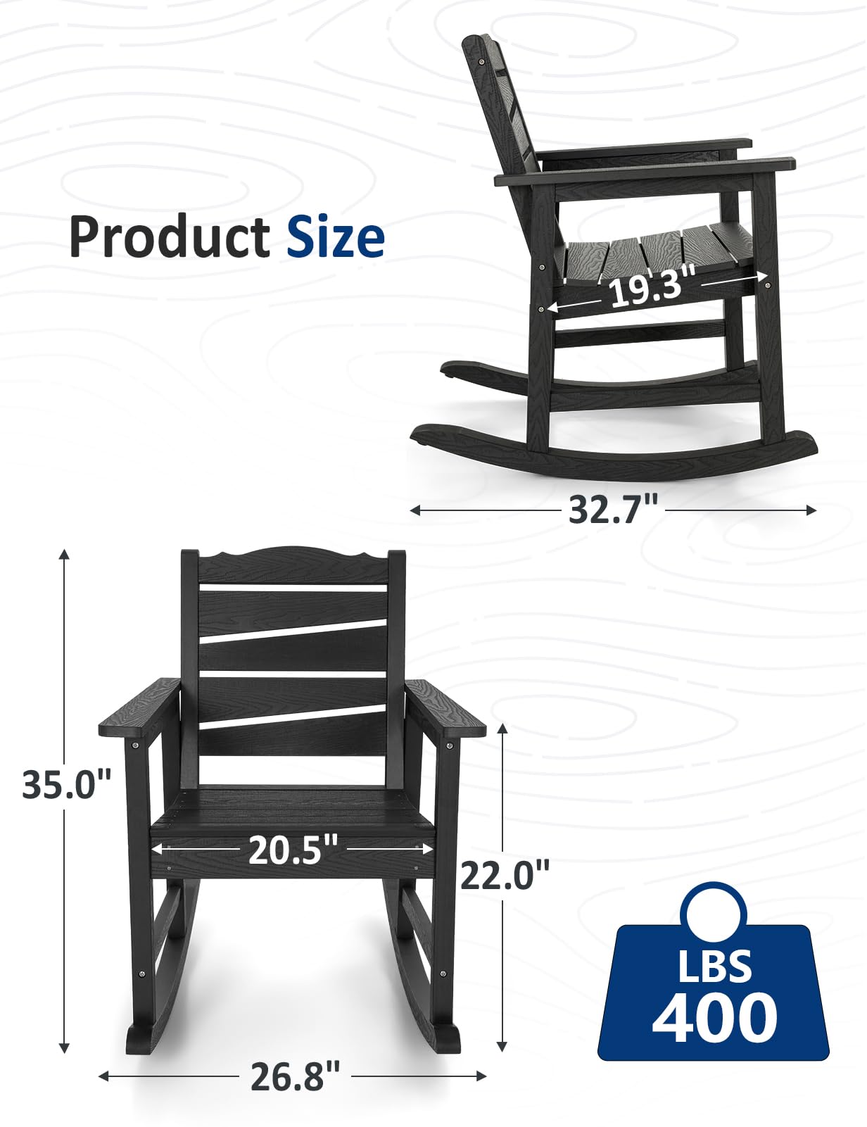 LAHAAP Patio Rocking Chairs Set of 2, Weatherproof HIPS Outdoor Rocking Chair for Adults, 400LBS Support Heavy Duty Porch Rocking Chairs for Garden, Lawn, Backyard, Outdoor and Indoor (Black)