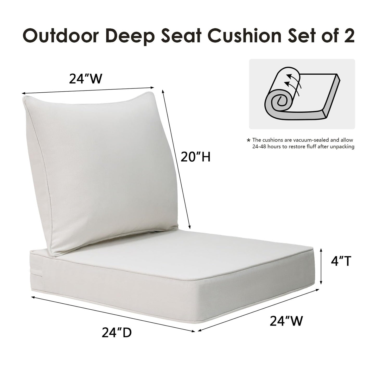 Unimatta Outdoor Patio Chair Cushions Set, 24" x 24", Set of 2, Water-Repellent, Fade Resistant, Deep Seat Bottom and Back Cushion for Backyard, Couch, Sofa and Patio Furniture, Linen