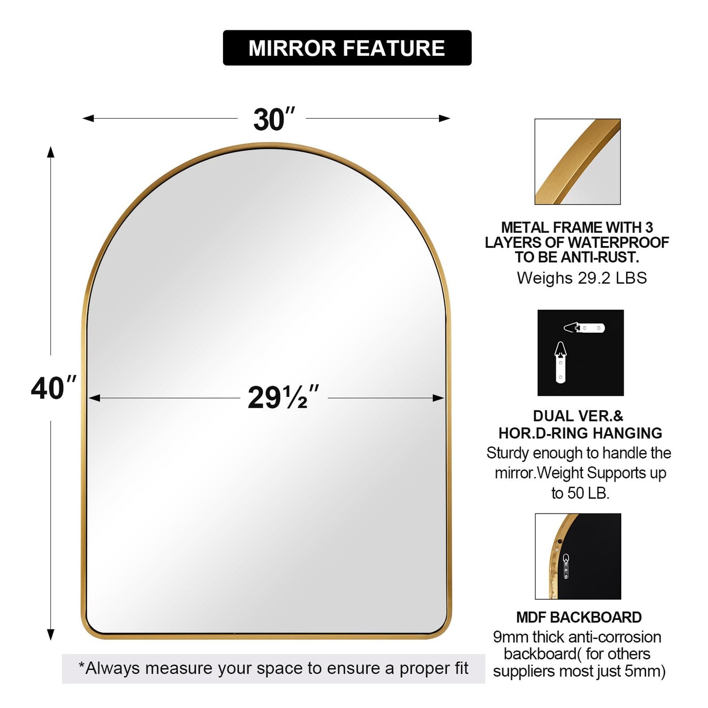 ANDY STAR 30x40’’ Arched Gold Mirrors for Wall, Brushed Brass Arched Bathroom Mirror Rounded Corner, Gold Arched Vanity Mirror,SUS304-Anti-Rust, Tube Frame, Wall-Mounted Vertical 1’’ Deep