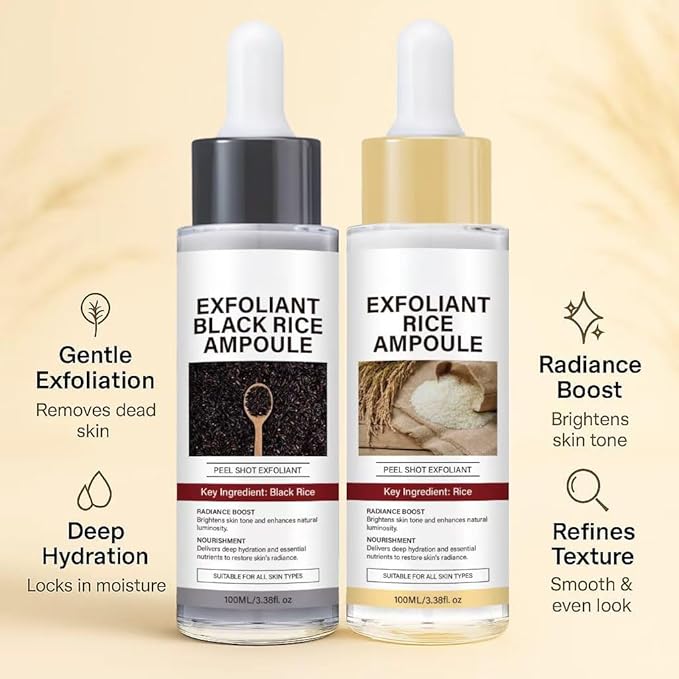 Glow Rice Ampoule Duo Set Day & Night | Exfoliating Facial Peels, Black & White Rice Extract, BHA Salicylic Acid, Niacinamide, Pore Refining & Oil Balancing