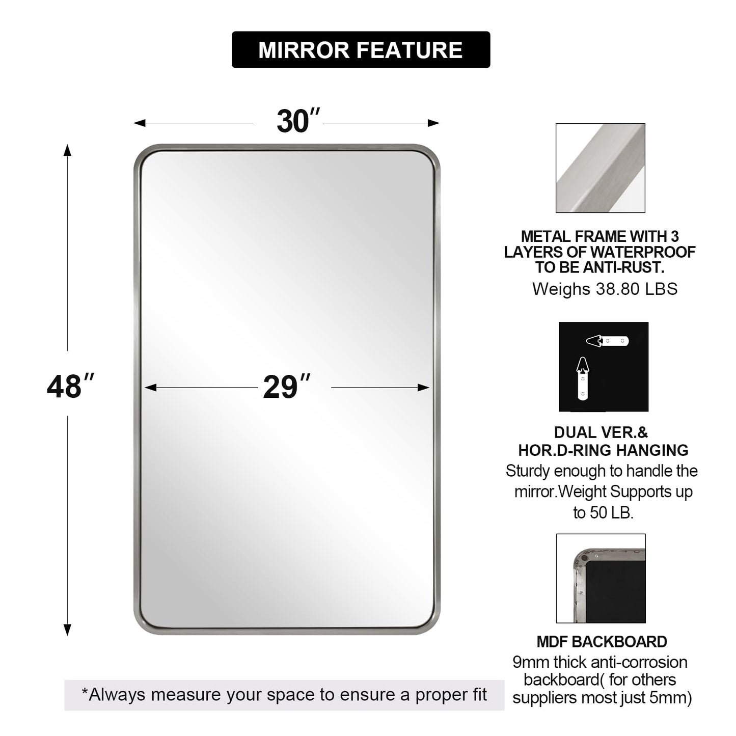ANDY STAR 48”X30” Brushed Nickel Mirrors for Bathroom, Modern Rounded Rectangle Bathroom Vanity Mirror, SUS304-Anti-Rust Metal Frame Mirror, Wall Mounted Horizontal/Vertical 1’’ Deep