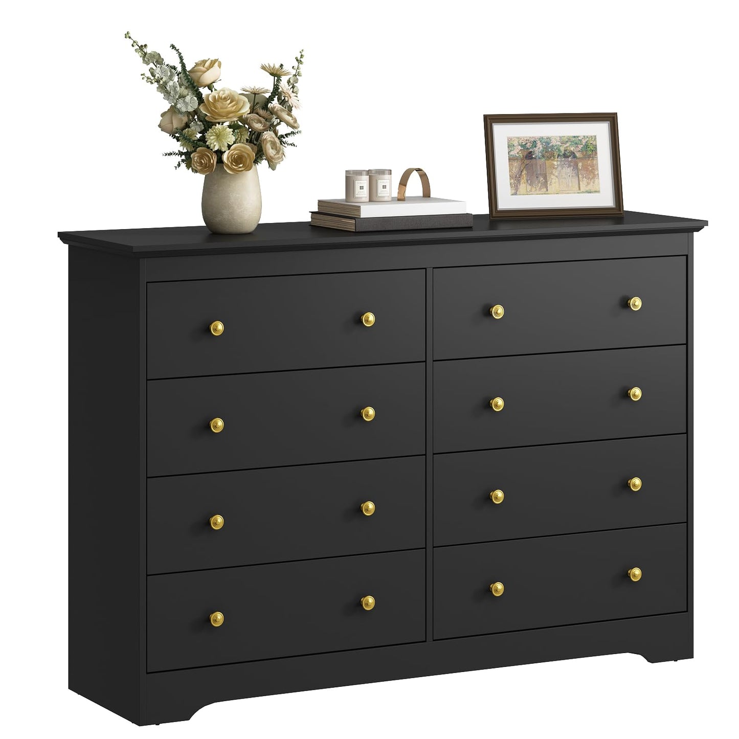 LYNSOM Modern 8 Drawer Dresser, 55.1" Wide Dressers & Chests of Drawers with Large Capacity Storage, Mid Century Black Dresser for Bedroom, Hallway, Black
