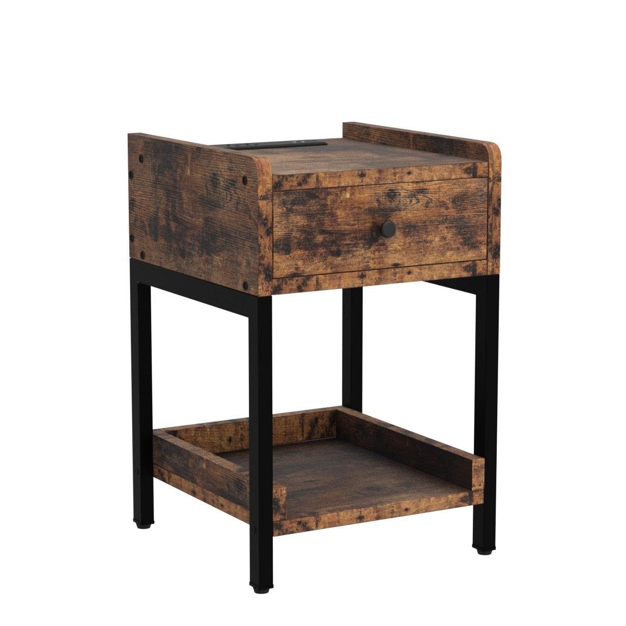 LIKIMIO Nightstand, Set of 2 Bedside Table with Charging Station, Small End Table with Storage Drawer and Shelf for Bedroom and Living Room, Easy Assembly, Stable and Sturdy, Vintage Brown