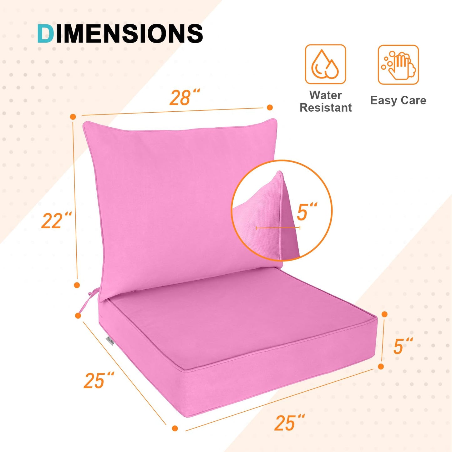 EAGLE PEAK Outdoor Deep Seat Patio Seat Cushion Set, 25 x 25 x 5 inch, 2-Piece Back Chair Cushion, Set of 2, Pink