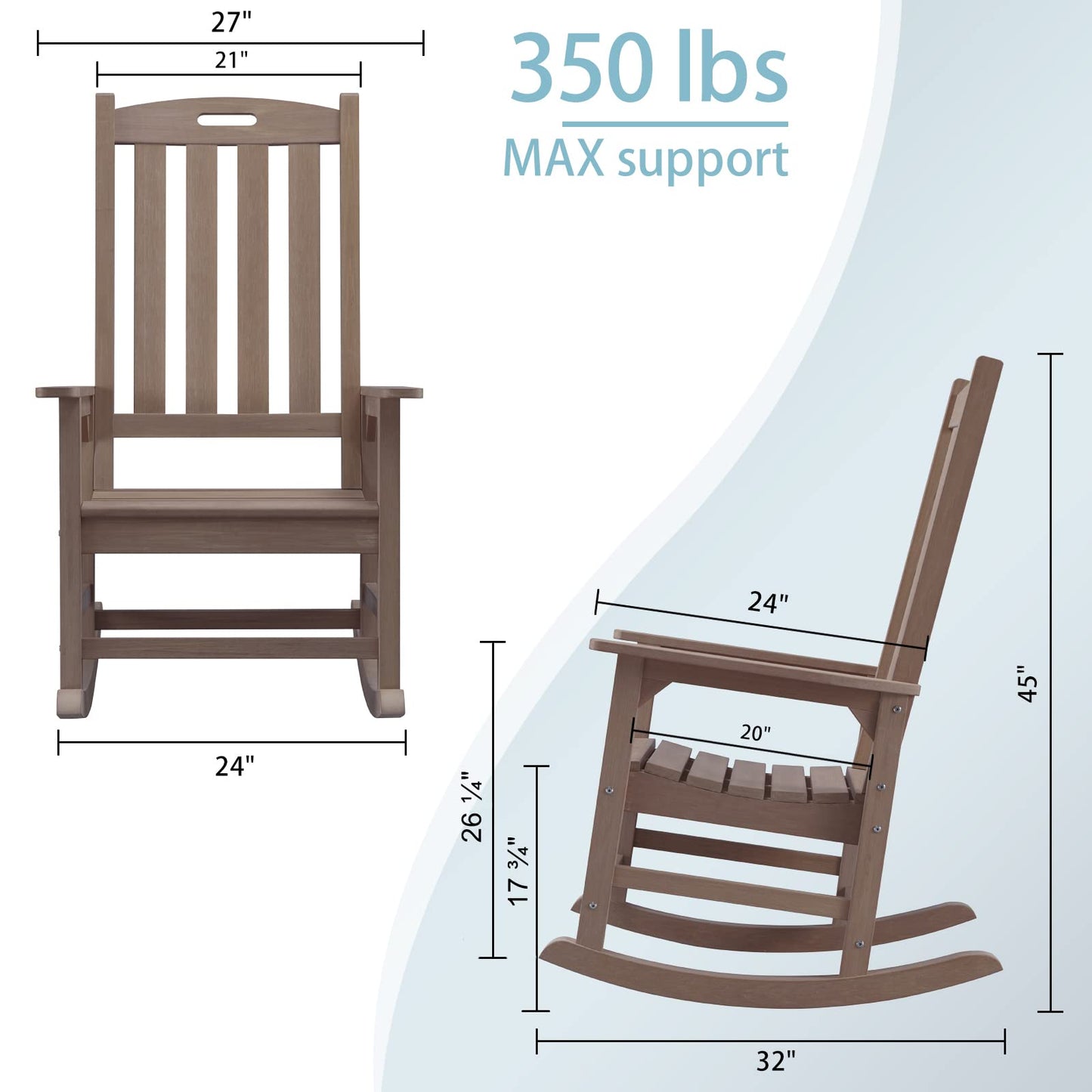Psilvam Oversized Outdoor Rocking Chair, with 21" Wide Seat and 32" Tall Backrest, Pre-Assembled with Most Components for Effortless Installation (Brown)