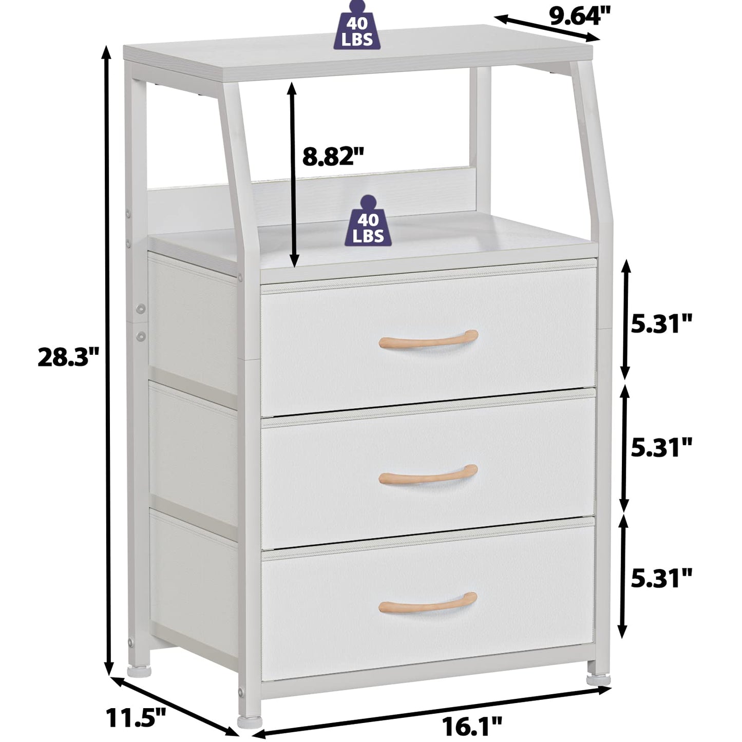 Furnulem White Nightstand with 3 Drawers and 2-Tier Shelf, Small Night Stand End Table Side Furniture, Fabric Storage Organizer for Bedroom, Closet, Hallway, Nursery, Sturdy Steel Frame, Wood Top