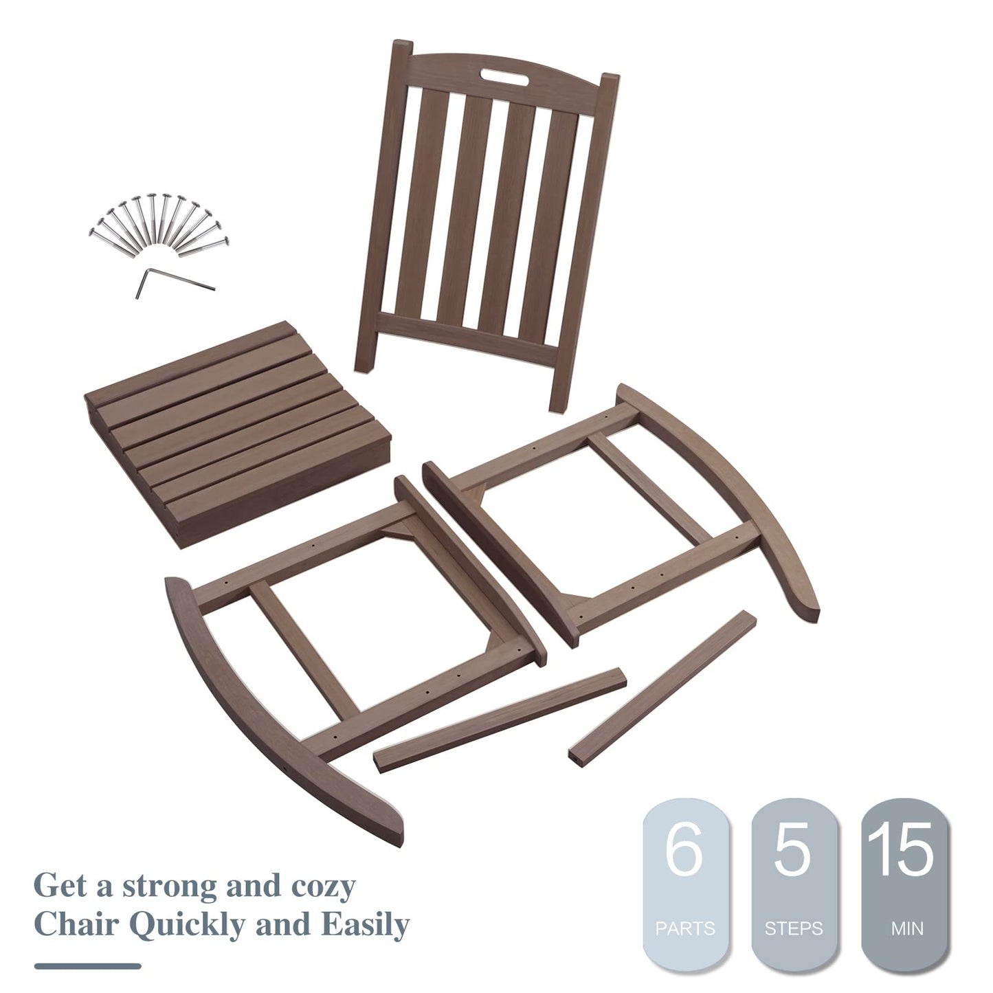 Psilvam Oversized Outdoor Rocking Chair, with 21" Wide Seat and 32" Tall Backrest, Pre-Assembled with Most Components for Effortless Installation (Brown)