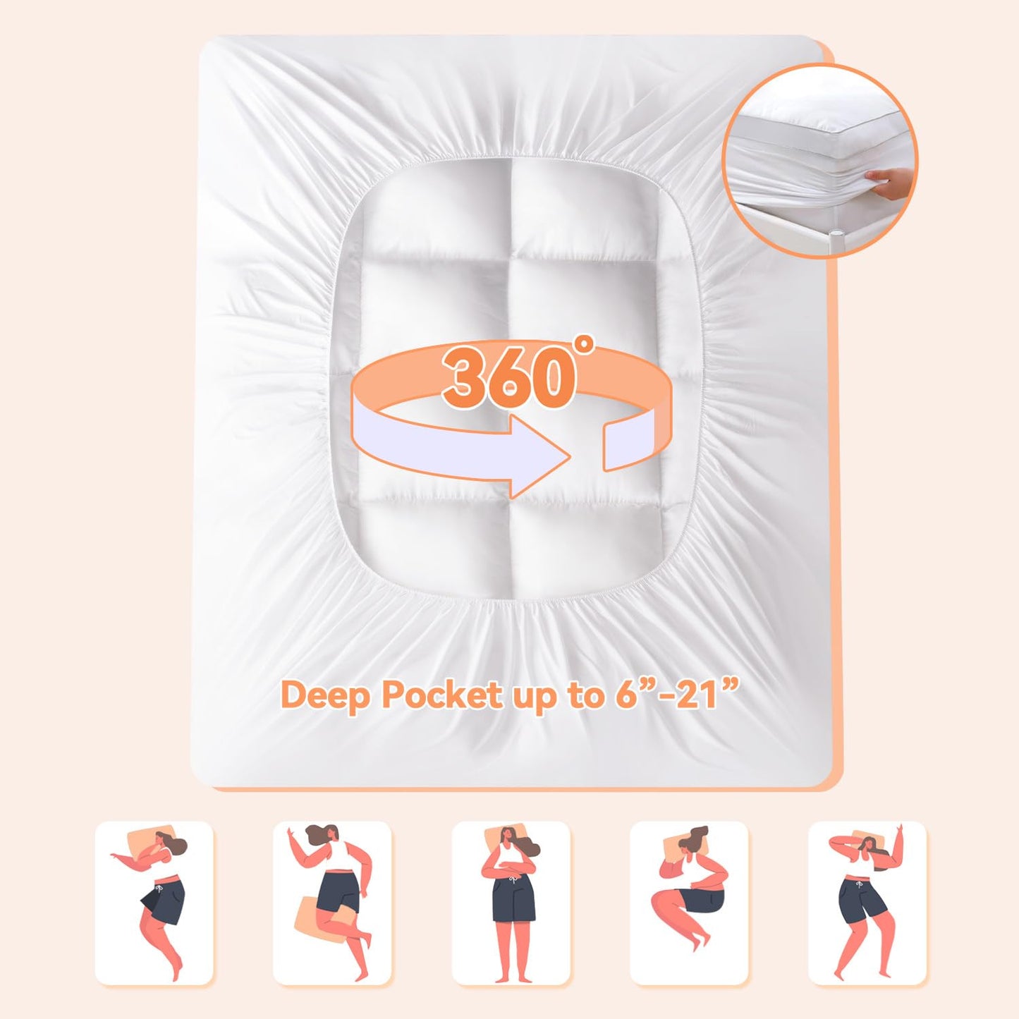 Topllen King Mattress Topper for Back Pain Relief, Extra Thick Pillow Top Plush Mattress Pad with Deep Pocket, Soft Pillowtop King Size Bed Toppers Filled Fluffy Down Alternative, White