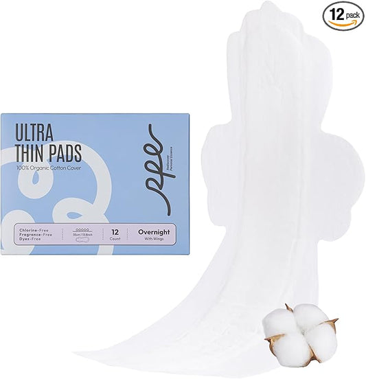 100% Organic Overnight Pads for Women, Ultra Thin Extra Heavy Flow Sanitary Pads with Wings Cotton Menstrual Pad Extra Coverage Period Pad Super Absorbency Feminine (Overnight, Size 5, 12 Ct)