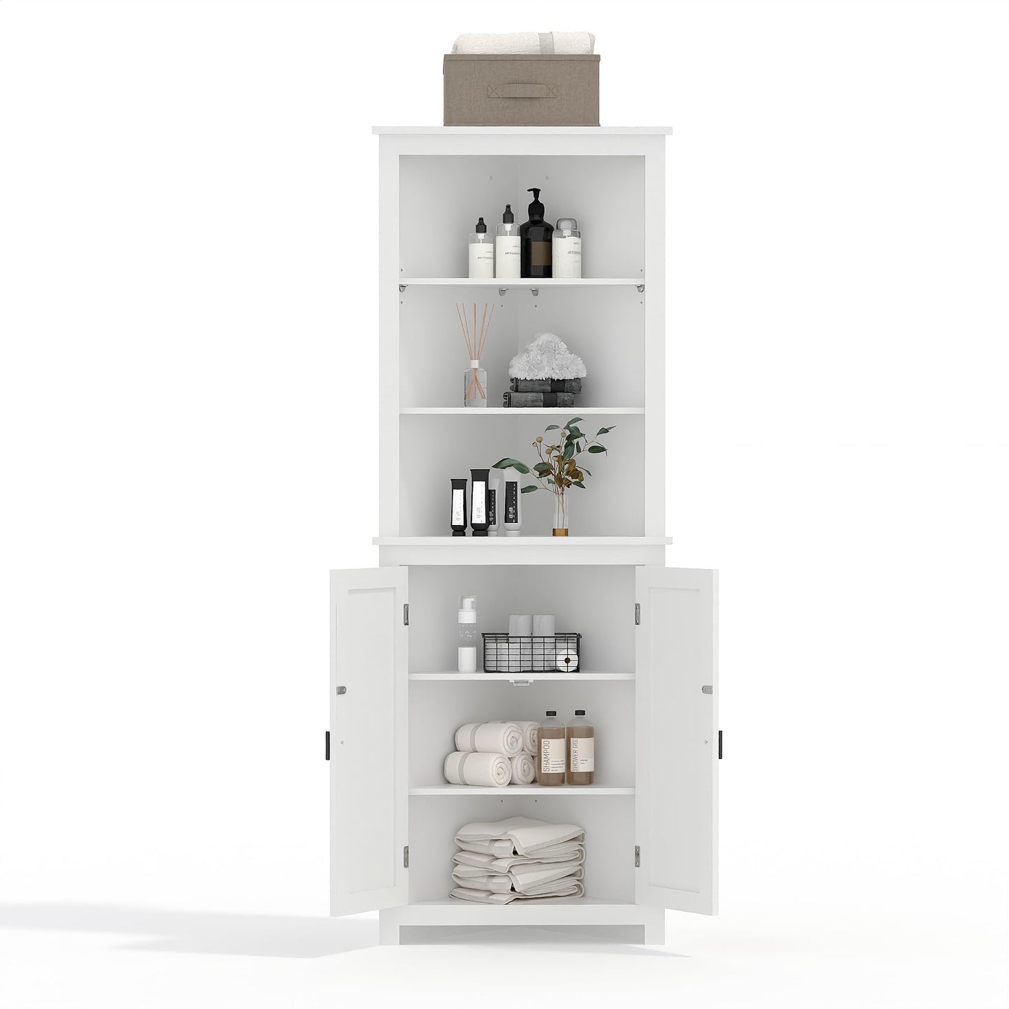 Amenitlif Corner Storage Cabinet with Adjustable Shelves - 63.78" Tall Freestanding Bathroom & Kitchen Organizer, Space-Saving Cabinet for Pantry, Laundry Room - Rustic White Finish, Easy Assembly